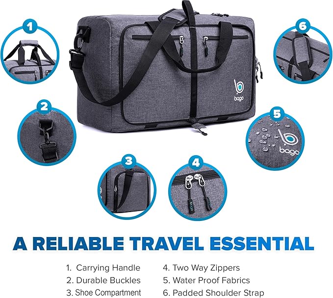 Bago Foldable Duffel Bags for Traveling Women & Men - 40L Sports Packable Duffle Bag for Travel