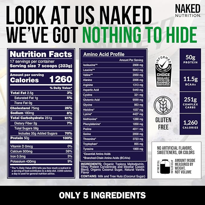 NAKED Vanilla Mass - All Natural Vanilla Weight Gainer Protein Powder - 12LB Bulk, GMO Free, Gluten