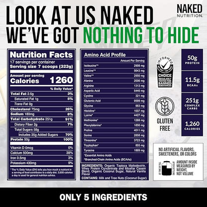 NAKED Vanilla Mass - All Natural Vanilla Weight Gainer Protein Powder - 12LB Bulk, GMO Free, Gluten