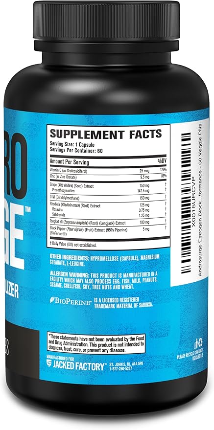 Jacked Factory Androsurge Estrogen Blocker for Men - Natural Testosterone Booster for Men &