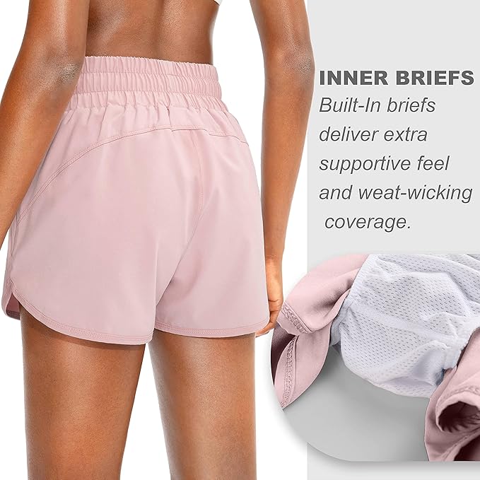 SANTINY Women's Running Shorts with Zip Pockets High Waisted Athletic Workout Gym Shorts for Women
