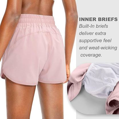 SANTINY Women's Running Shorts with Zip Pockets High Waisted Athletic Workout Gym Shorts for Women