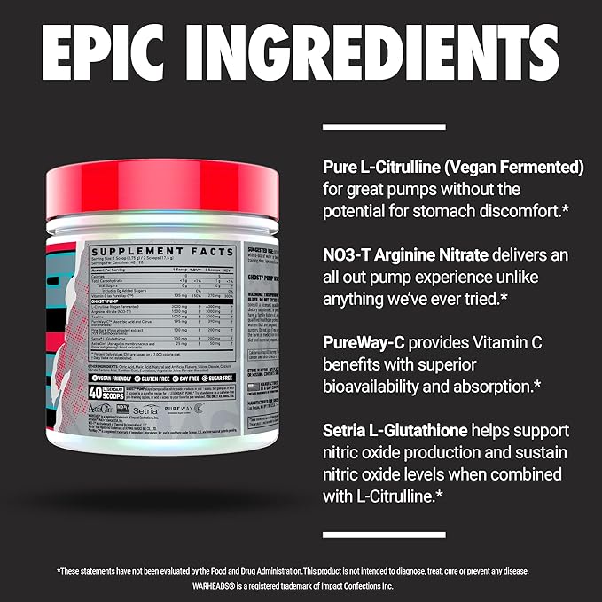 GHOST Pump Nitric Oxide Powder, Warheads Sour Watermelon - 40 Servings - Sugar & Stim-Free
