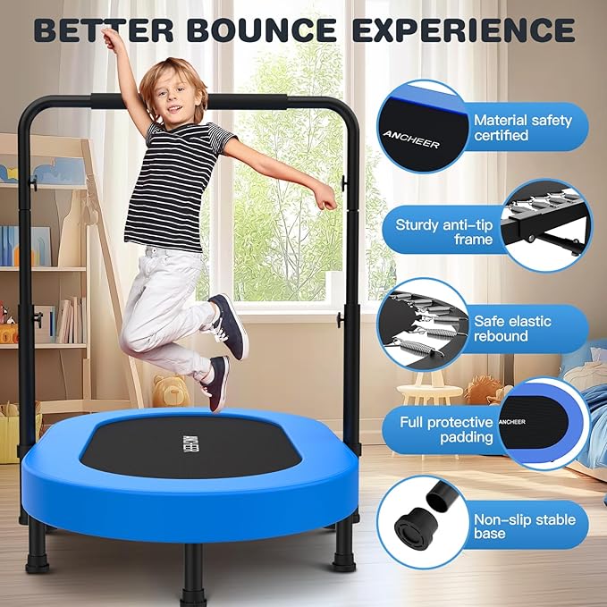 ANCHEER 56'' Foldable Mini Trampoline with Adjustable Handle - Indoor/Outdoor Rebounder for Kids &
