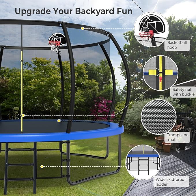 12 14 15 16FT Outdoor Trampolines for Kids and Adults, Pumpkin Trampolin with Curved Poles