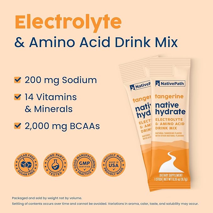 NativePath Native Hydrate Stick Packs, Sugar Free Electrolytes Powder with BCAAs, Tangerine