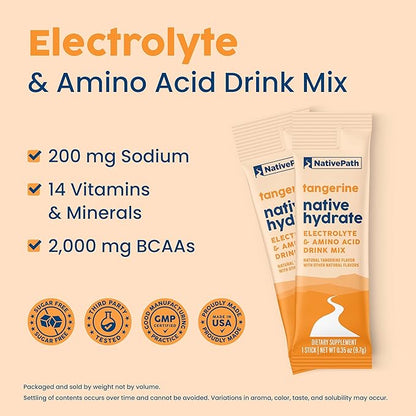 NativePath Native Hydrate Stick Packs, Sugar Free Electrolytes Powder with BCAAs, Tangerine