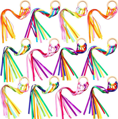 12 Pcs Rainbow Ribbon Wooden Waldorf Toys Creative Waldorf Hand Kite Set Streamers with Wood Ring