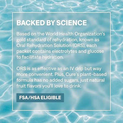 Cure Hydration | Plant-Based Electrolyte Drink Mix | No Added Sugar | FSA-HSA | Dehydration Relief