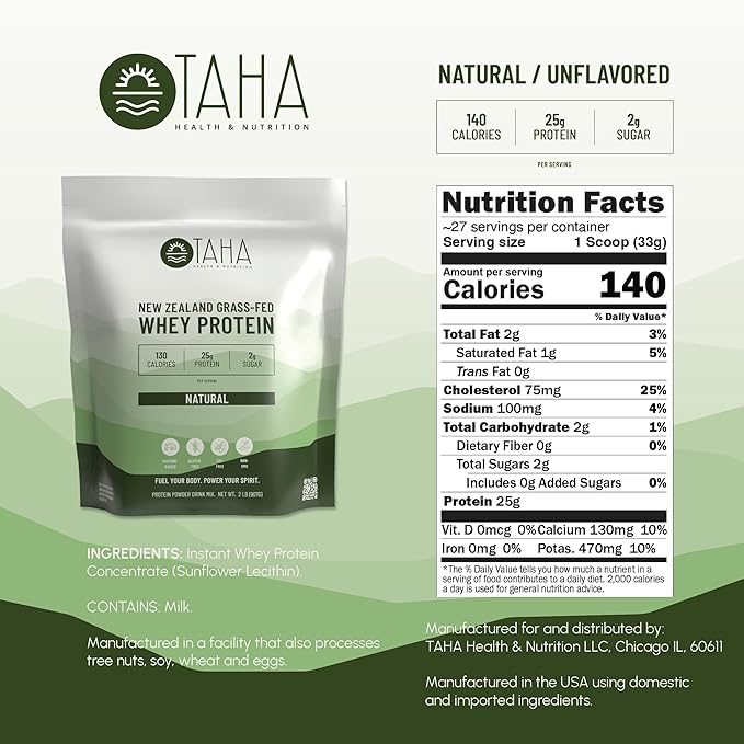 Taha Health & Nutrition Natural Unflavored Whey Protein Concentrate Powder, 25g Protein, 140