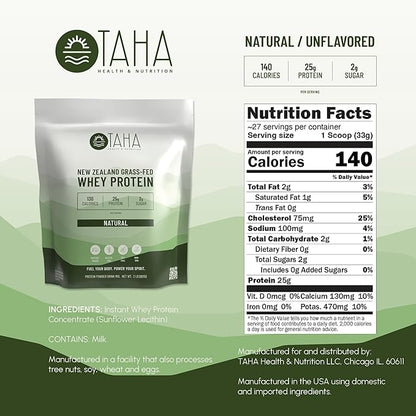 Taha Health & Nutrition Natural Unflavored Whey Protein Concentrate Powder, 25g Protein, 140