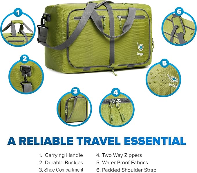 Bago Foldable Duffel Bags for Traveling Women & Men - 40L Sports Packable Duffle Bag for Travel