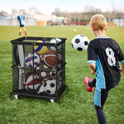 smusei Ball Storage Bin Rolling Sports Ball Storage Cart Garage Sports Equipment Organizer Rack