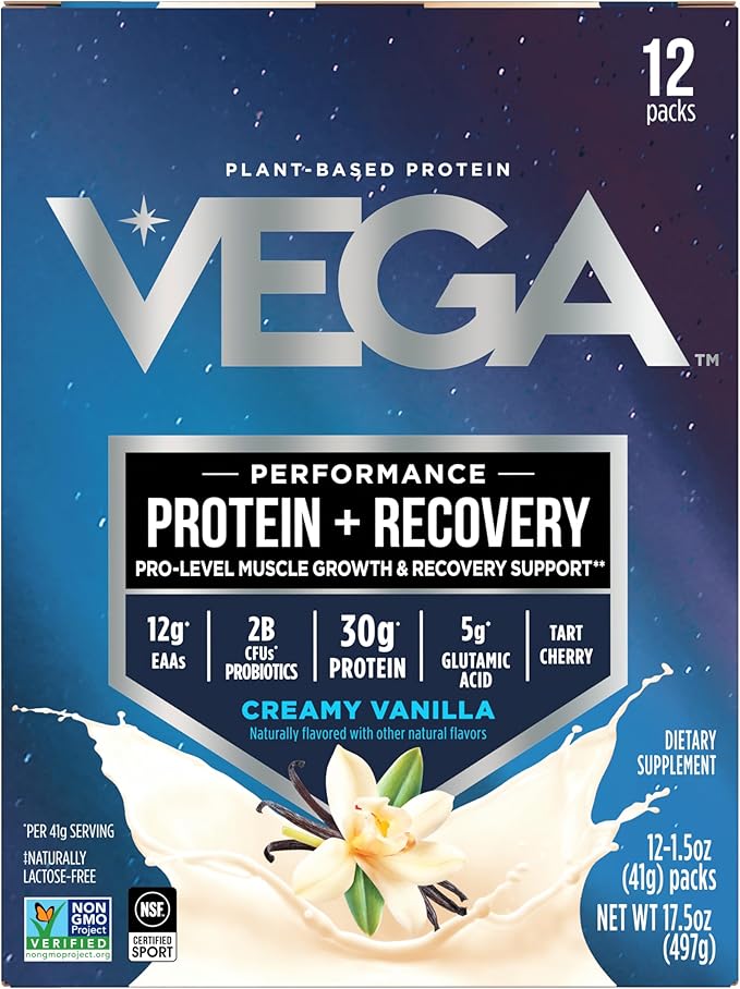 Vega Protein + Recovery - 30g Plant-Based Protein per Serving, Vanilla, 12 x 1.6oz Sachets, 5g