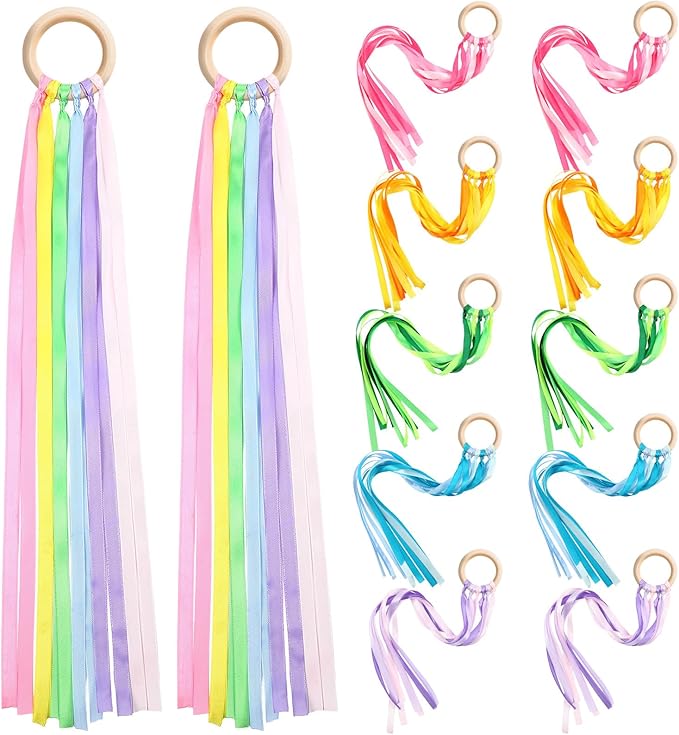 Deekin 12 Pcs Rainbow Ribbon Wooden Waldorf Toys Creative Waldorf Hand Kite Set Streamers with Wood