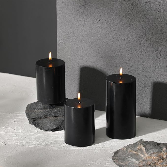 3x6 Inch Black Pillar Candles Set of 3 - Decorative Unscented Pillar Candle, Long Burning Dripless