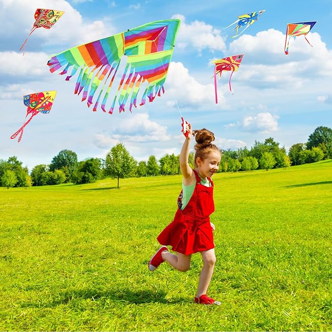 8 Pack Kites for Kids Butterfly Fish Rainbow Delta Pattern with 8 Pcs 109 Yard Kite String Large
