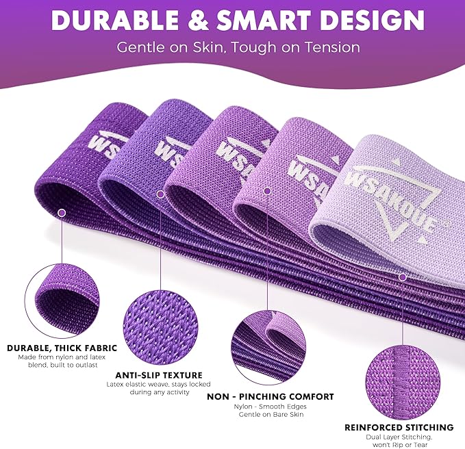 WSAKOUE Fabric Resistance Bands for Working Out – 5 Booty Bands for Women & Men, Exercise Workout