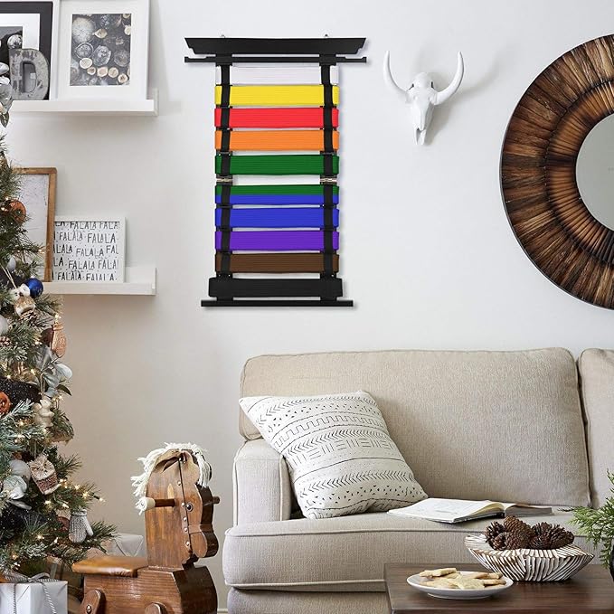 JUXYES Wall Hanging Martial Arts Belts Organizer for 10 Belts with Medal Hanger and Stickers