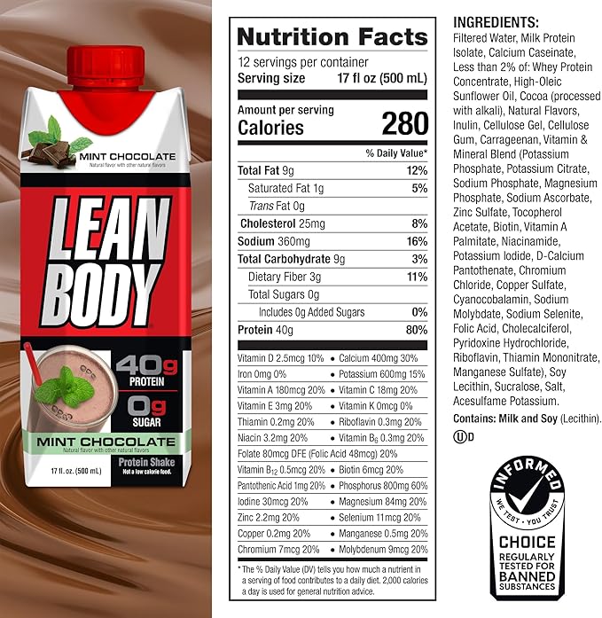 Labrada Lean Body Ready-to-Drink Mint Chocolate Protein Shake, 40g Protein, Whey Blend, 0 Sugar