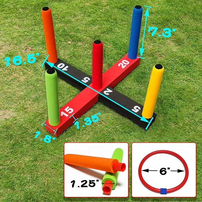 Ring Toss Game for Kids, Indoor & Outdoor Game for Family and Adults with 5 Poles, 2 Bases and 16