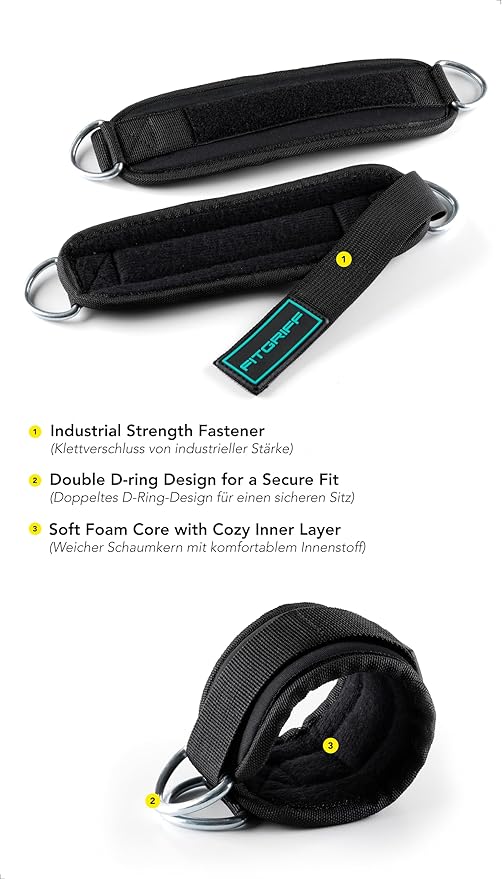 Fitgriff® Ankle Straps V3 for Cable Machine (2 Pieces) - Gym Workout Equipment - Leg Pulley