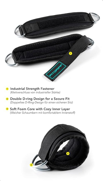 Fitgriff® Ankle Straps V3 for Cable Machine (2 Pieces) - Gym Workout Equipment - Leg Pulley