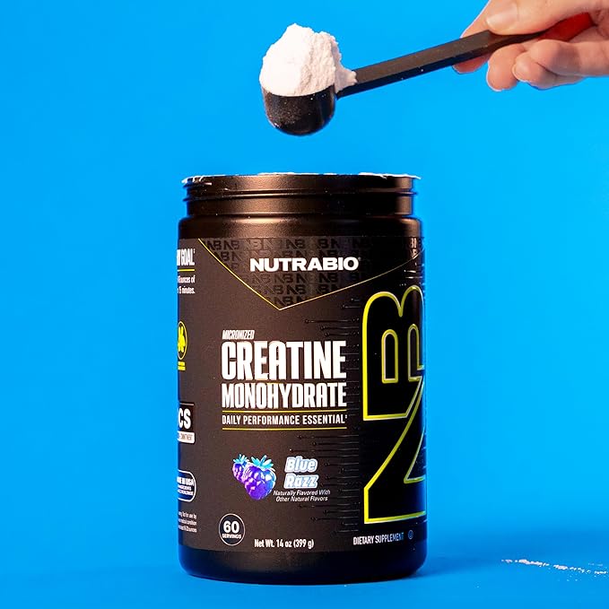 NutraBio Pure Micronized Creatine Monohydrate Powder Supplement, Blue Razz Burst(300 g) - Supports