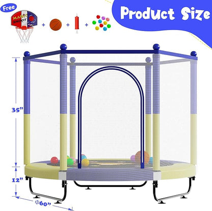 60" Trampoline for Kids, 5 FT Indoor & Outdoor Toddler Baby Trampoline with Basketball Hoop, Safety