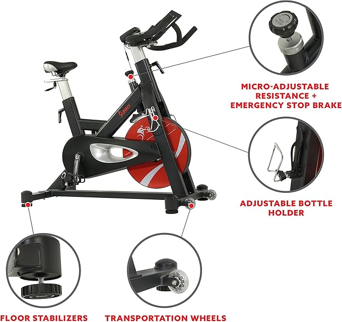 Sunny Health & Fitness Indoor Cycling Exercise Bike w/Pulse Sensors & 4-Way Adjustable Seat