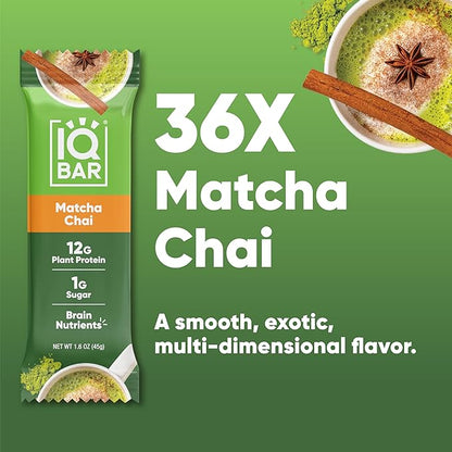 IQBAR Brain and Body Plant Protein Bars - Matcha Chai - 36-Count Low Carb - Gluten Free, High