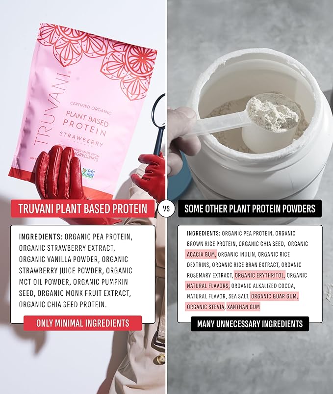 Truvani Vegan Pea Protein Powder | Strawberry | 20g Organic Plant Based Protein | 20 Servings |