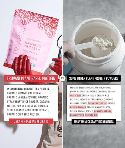 Truvani Vegan Pea Protein Powder | Strawberry | 20g Organic Plant Based Protein | 10 Servings |