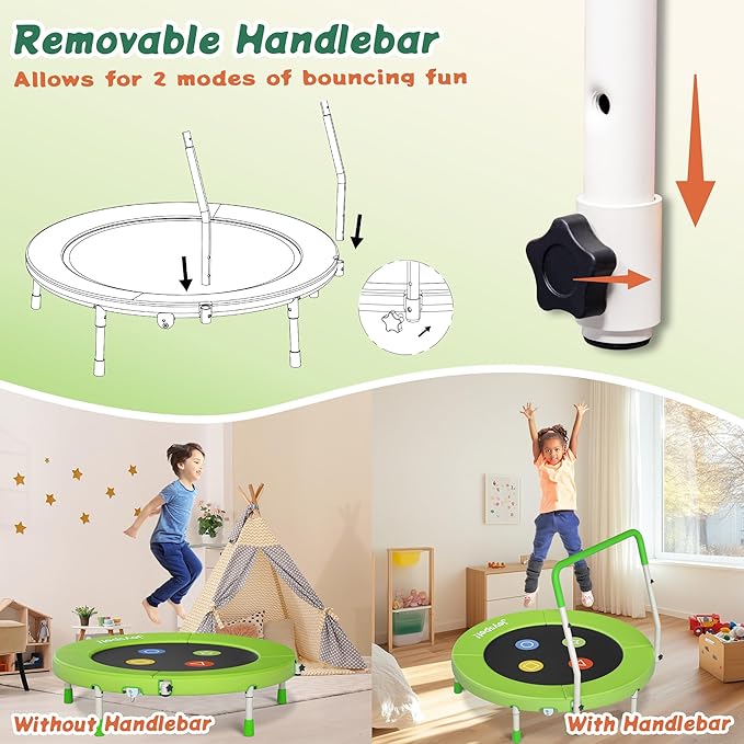 3FT Toddler Trampoline with Adjustable Handlebar, 36" Foldable & Spring-Free, Mini Kids Indoor