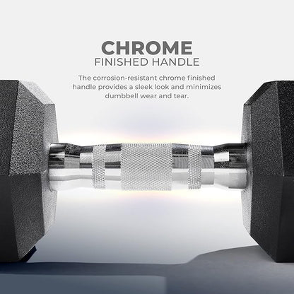 Sunny Health & Fitness Hex Style Dumbbell 5 LBS TO 50 LBS Chrome Handles, Hand Weight for Strength