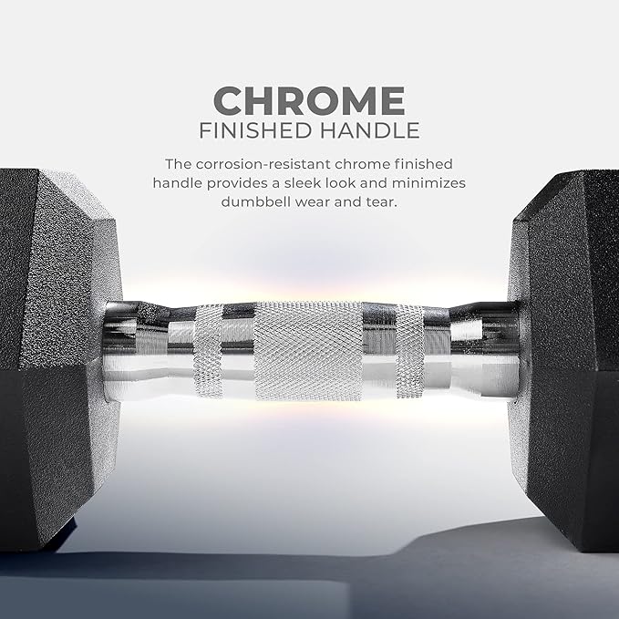 Sunny Health & Fitness Hex Style Dumbbell 5 LBS TO 50 LBS Chrome Handles, Hand Weight for Strength