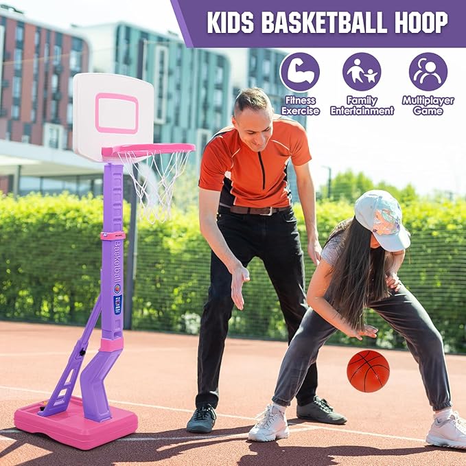 SUPER JOY Toddler Pink Basketball Hoop for Kids 1-3,2-4 5 Years Old, Adjustable Mini Hoop Set for