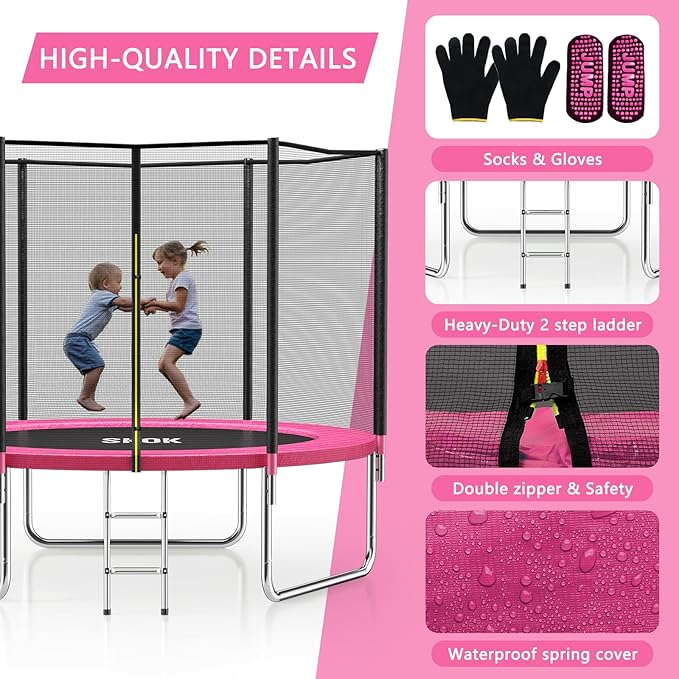 SKOK Trampoline 8FT 10FT 12FT 14FT 15FT Trampolines with Enclosure Net, 400LBS Outdoor Trampolines
