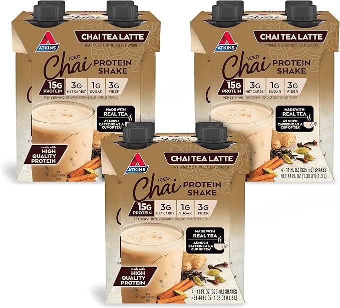 Atkins Chai Tea Latte Flavored Protein Shake, High Protein Shake, Low Glycemic, Low Carb, Low