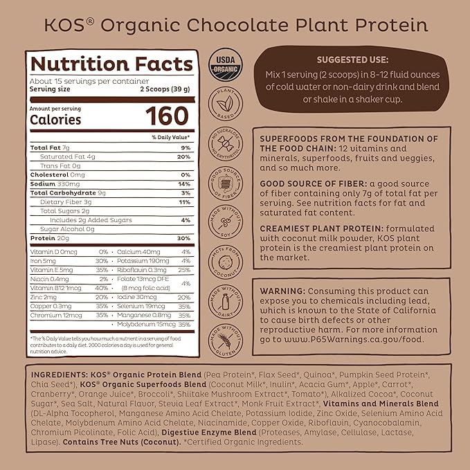 KOS Plant Based Protein Powder, Chocolate USDA Organic - Low Carb Pea Protein Blend, Vegan