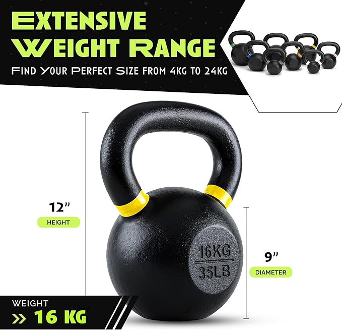Single Cast Iron Kettlebell | Powder Coated - Wide Handle Weights for Core & Glute Workouts;