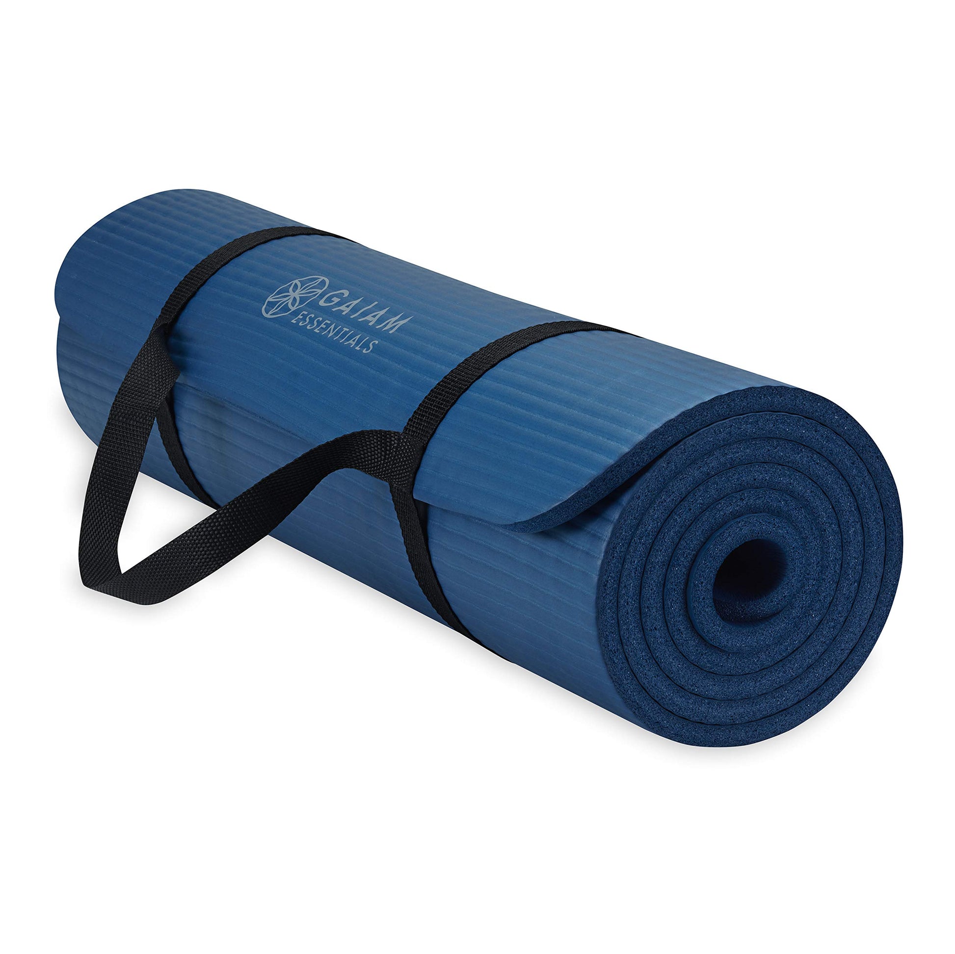 Gaiam Essentials Thick Yoga Mat Fitness & Exercise Mat with Easy-Cinch Carrier Strap, Navy, 72"L X