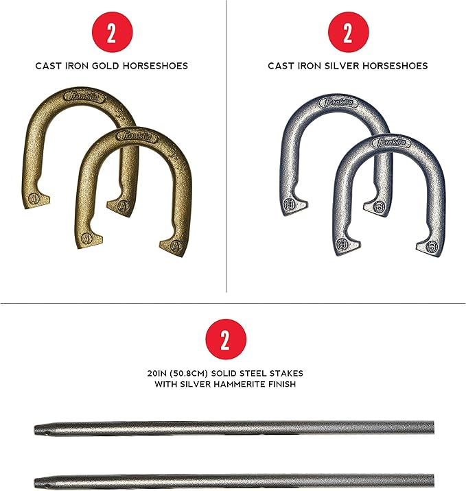 Franklin Sports Horseshoe Set - Cast iron Horseshoes and Steel Stakes - Official Size and Weight