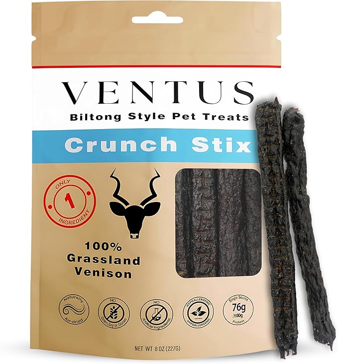 VENTUS Jerky Crunch Stix - Single Ingredient High Protein Dog Training Treats, Wild Venison