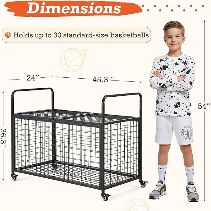 AECOJOY Ball Cart Storage, Rolling Basketball Bin with Wheels for Garage, School, Gym, Sports