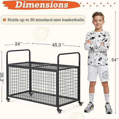 AECOJOY Ball Cart Storage, Rolling Basketball Bin with Wheels for Garage, School, Gym, Sports