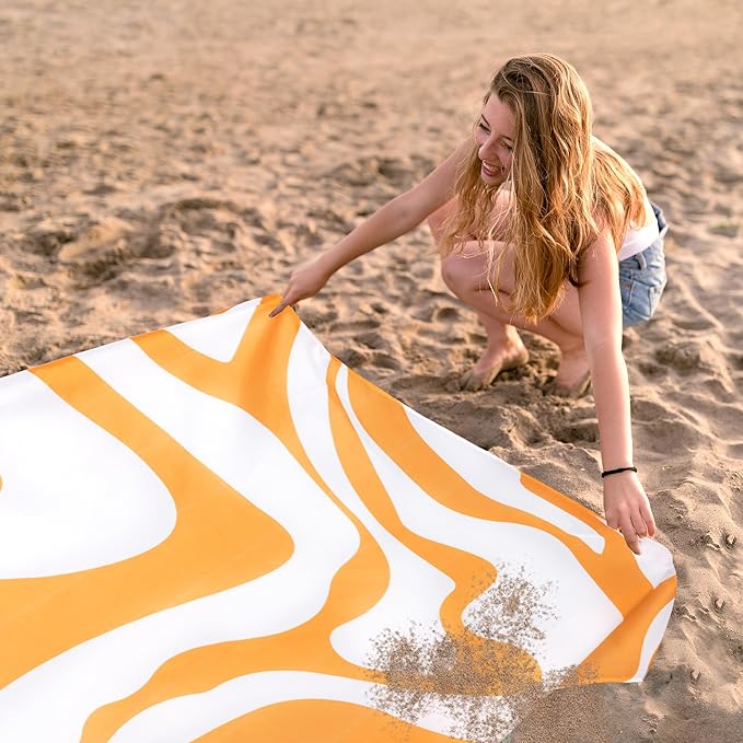 Yellow Beach Blanket, Sand Free Waterproof Outdoor Beach Mat with 4 Stakes & Pockets, 78''×86''