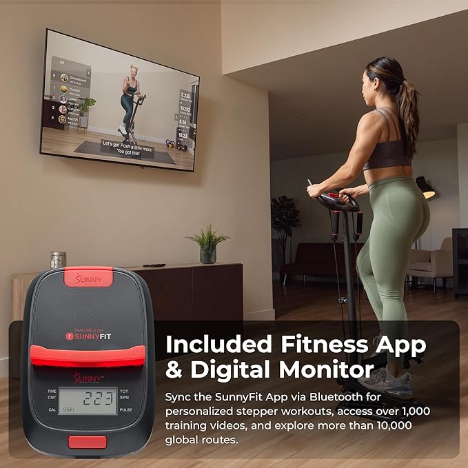Sunny Health & Fitness Total Body 2-in-1 Smart Stepper Machine for Home with Handlebar and