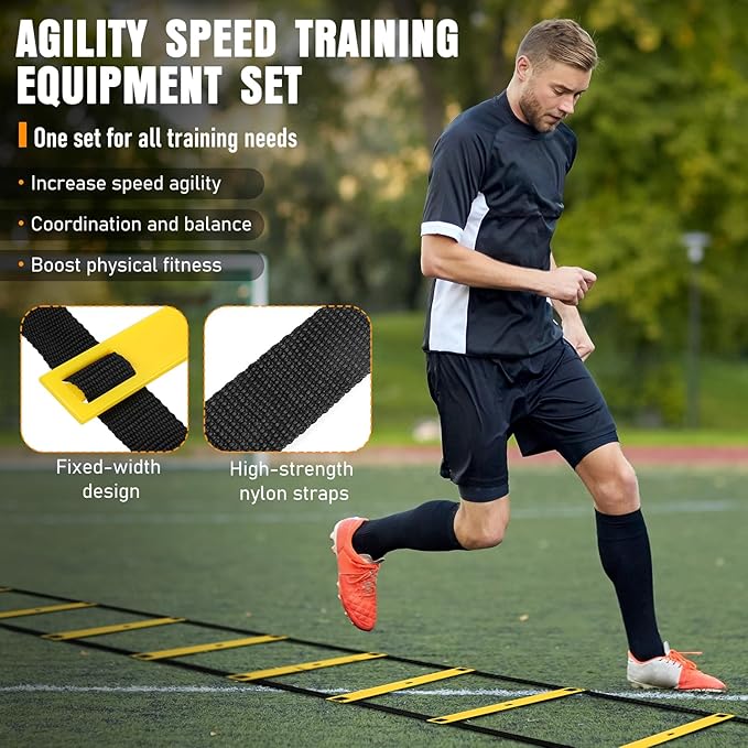 Agility Ladder, Speed Training Equipment Set, 20ft Agility Ladder, 12 Soccer Cones, 4 Hurdles, Jump