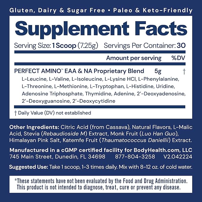 BodyHealth PerfectAmino Powder - BCAA and EAA Powder for Pre and Post Workout - Amino Acid Energy